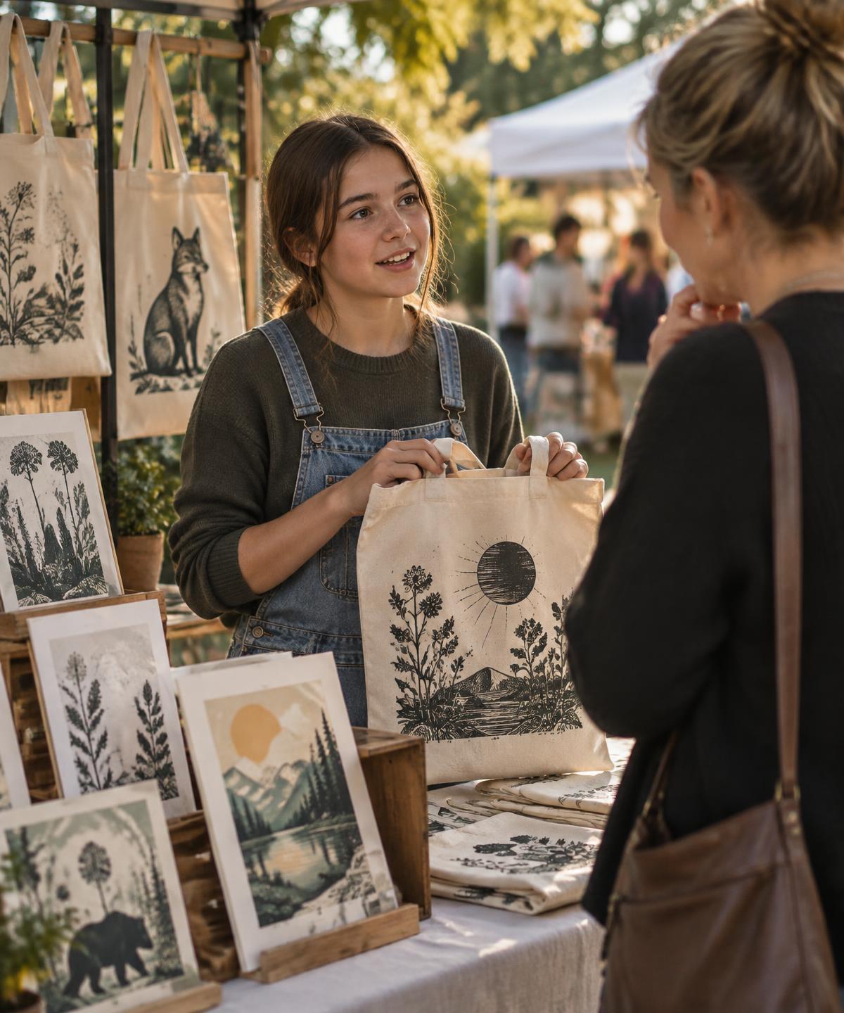 A teenage maker shows a hand-printed tote bag to a customer at a market stall
